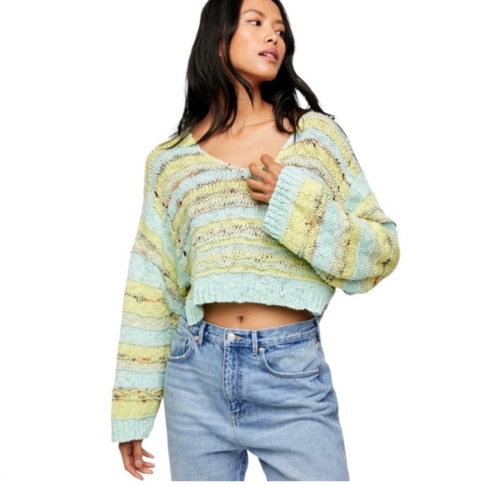 Free People Lake Life Striped Cropped V-Neck Sweater